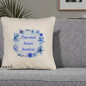 Cadou pentru Bunica - Perna Personalizata Cea Mai Buna Bunica Coronita Flori Albastre Acuarela, 40x40 cm, Bej Canapea, Husa Detasabila, Perna Inclusa, BEKZ®