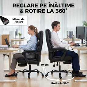 HOMCOM Scaun de birou ergonomic rotativ, rabatabil 165°, din piele ecologică PU, cu suport pentru picioare și înălțime reglabilă, negru | Aosom Romania