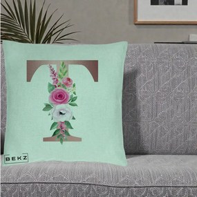 Cadou Personalizat - Perna Personalizata Monograma Rose Gold Litera T, 40x40 cm, Verde Menta, Husa Detasabila, Perna Inclusa, BEKZ®