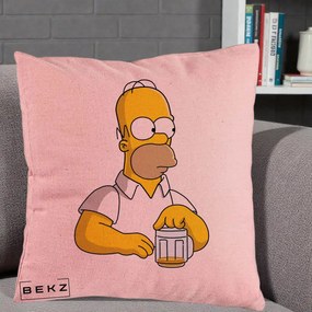 Perna Personalizata Homer Simpson cu Bere, 40x40 cm, Roz, Husa Detasabila, Perna Inclusa, BEKZ®
