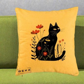 Perna Decorativa Pisica Neagra Flori Rosii Folk, 40x40 cm, Galben, Husa Detasabila, Perna Inclusa, BEKZ®