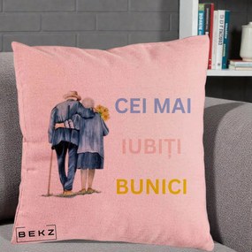 Cadou pentru Bunici - Perna Personalizata Cei Mai Iubiti Bunici Acuarela Spate, 40x40 cm, Roz, Husa Detasabila, Perna Inclusa, BEKZ®