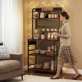 HOMCOM Raft de Bucătărie cu Prize și Rafturi Reglabile, Raft pentru Cuptor cu Microunde cu 5 Niveluri, Panou cu Grilaj și 10 Cârlige, Mobilier Vintage Structură din Oțel, 80x40x170 cm, Maro Rustic | Aosom Romania