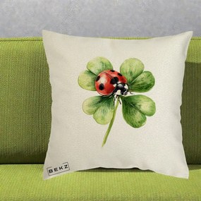 Perna Decorativa Buburuza Norocoasa pe Trifoi cu Patru Foi, 40x40 cm, Ecru, Husa Detasabila, Perna Inclusa, BEKZ®