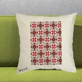 Perna Personalizata Motiv Traditional Ie Romaneasca Rosu, 40x40 cm, Ecru, Husa Detasabila, Perna Inclusa, BEKZ®