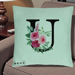 Cadou Personalizat - Perna Personalizata Monograma Florala Litera U, 40x40 cm, Verde Menta, Husa Detasabila, Perna Inclusa, BEKZ®
