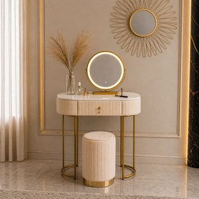 RESIGILAT- Set SARAH, Masă de toaletă pentru machiaj cu oglindă iluminată LED, control touch, sertar, taburet, 80x40x76 cm, Bej/Auriu