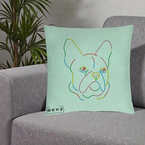 Perna Decorativa Bulldog Francez Line Art Curcubeu, 40x40 cm, Verde Menta, Husa Detasabila, Perna Inclusa, BEKZ®