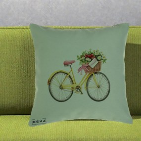 Perna Decorativa Bicicleta Galbena cu Cos de Flori Primavara, 40x40 cm, Verde, Husa Detasabila, Perna Inclusa, BEKZ®