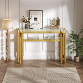 MAU42 - Masa Consola, 120 cm, masuta hol cu raft, living, dormitor - Auriu - Alb / Negru Imitatie de Marmura
