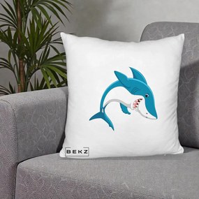 Perna Decorativa Rechin Albastru Cartoon, 40x40 cm, Alb Pufos, Husa Detasabila, Perna Inclusa, BEKZ®