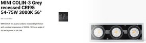 Spot LED incastrabil MINI COLIN-3 Grey recessed CRI95 54-75W 3000K 56°