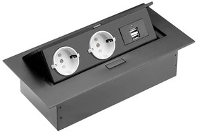 Priza incastrabila dreptunghiulara, 2 prize scuko + 2 USB 5V 2.1A, fara cablu, neagra, prize albe, GTV