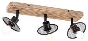 Plafoniera industriala neagra cu lemn 3 lumini - Jasmine
