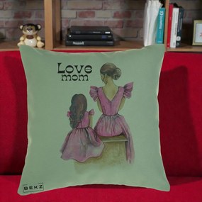 Cadou pentru Mama - Perna Personalizata Love Mom Rochii Roz, 40x40 cm, Verde, Husa Detasabila, Perna Inclusa, BEKZ®