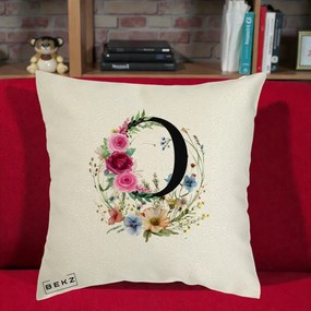 Cadou Personalizat - Perna Personalizata Monogram Litera O cu Flori Acuarela, 40x40 cm, Ecru, Husa Detasabila, Perna Inclusa, BEKZ®