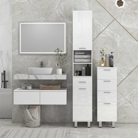 kleankin Mobilier pentru Baie cu 1 Sertar 3 Rafturi Ajustabile și 2 Dulapuri, 30x30x180 cm, Alb Lucios | Aosom Romania