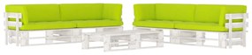 Set mobilier paleti cu perne, 6 piese, alb, lemn pin tratat verde aprins, 4x colt + 2x masa, Alb, 1