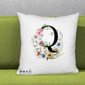 Cadou Personalizat - Perna Personalizata Monogram Litera Q cu Flori Acuarela, 40x40 cm, Alb Pufos, Husa Detasabila, Perna Inclusa, BEKZ®