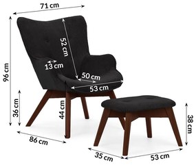 Fotoliu cu taburet negru cu tapițerie din catifea reiată Niko – Ropez