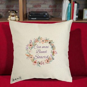 Cadou pentru Soacra - Perna Personalizata Cea mai Buna Soacra cu Coronita Flori Boho Pastel, 40x40 cm, Ecru, Husa Detasabila, Perna Inclusa, BEKZ®