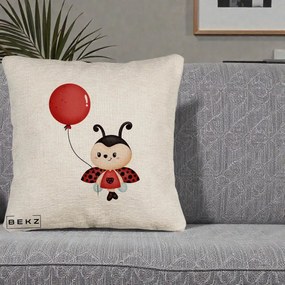 Perna Decorativa Buburuza cu Balon Rosu, 40x40 cm, Bej Canapea, Husa Detasabila, Perna Inclusa, BEKZ®