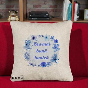 Cadou pentru Bunica - Perna Personalizata Cea Mai Buna Bunica Coronita Flori Albastre Acuarela, 40x40 cm, Bej Canapea, Husa Detasabila, Perna Inclusa, BEKZ®