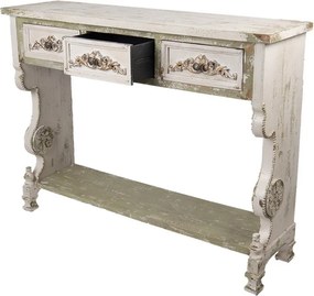 Consolă hol shabby chic din lemn, alb, cu 3 sertare, raft verde și ornamente sculptate, finisaj antichizat, 99 x 129 x 36 cm, „Lisette”