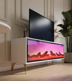 RESIGILAT- Comoda TV cu șemineu electric, Alb/Auriu, 160x40x45 cm