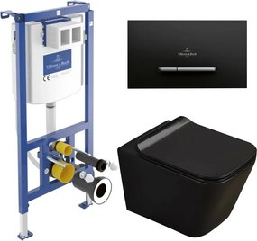 Set rezervor WC cu cadru incastrat Villeroy&Boch ViConnect si clapeta de actionare ViConnect 300S negru mat plus vas WC Rune Jord cu capac softclose