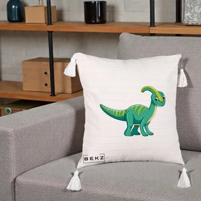 Perna Decorativa Parasaur Verde, 40x40 cm, Bej cu Franjuri, Husa Detasabila, Perna Inclusa, BEKZ®
