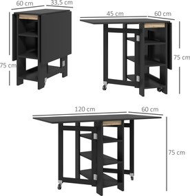 HOMCOM Masă pentru bucătărie masă de dining pliabilă detașabilă 3 etajere 2 blaturi rabatabile design modern 120 x 60 x 75 cm negru | Aosom Romania