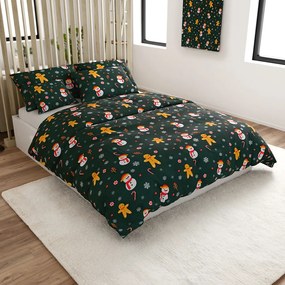 Lenjerie de pat de flanel din microfibra SNOWMAN AND GINGERBREAD verde Dimensiune lenjerie de pat: 2 buc 70 x 90 cm | 200 x 220 cm