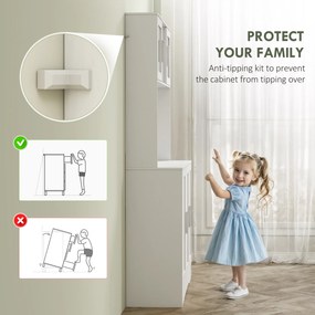 HOMCOM Dulap Bucătărie de 180cm, Dulap Înalt cu 4 Compartimente, Uși din Sticlă Securizată, 2 Rafturi Deschise, Rafturi Reglabile, Blat pentru Electrocasnice, pentru Bucătărie sau Living, Alb | Aosom Romania