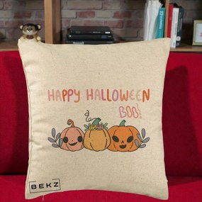 Perna Decorativa Happy Halloween Boo Trei Dovlecei Kawaii, 40x40 cm, Bej, Husa Detasabila, Perna Inclusa, BEKZ®