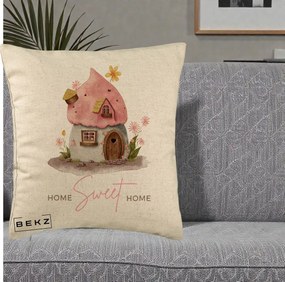 Perna Decorativa Home Sweet Home Casuta, 40x40 cm, Bej, Husa Detasabila, Perna Inclusa, BEKZ®