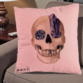 Perna Decorativa Craniu cu Cristale de Ametist, 40x40 cm, Roz, Husa Detasabila, Perna Inclusa, BEKZ®