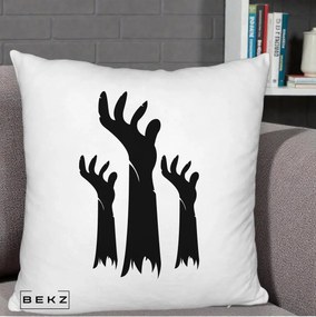 Perna Decorativa Halloween Maini Zombie Alb-Negru, 40x40 cm, Alb Pufos, Husa Detasabila, Perna Inclusa, BEKZ®