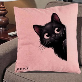Perna Decorativa Pisica Neagra Dragalasa Curioasa, 40x40 cm, Roz, Husa Detasabila, Perna Inclusa, BEKZ®