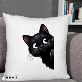 Perna Decorativa Pisica Neagra Dragalasa Curioasa, 40x40 cm, Alb Pufos, Husa Detasabila, Perna Inclusa, BEKZ®