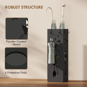 HOMCOM Suport de Umbrele Pătrat din Metal pentru Intrare, Suport Autoportant cu Tavă Detașabilă și 4 Cârlige, pentru Interior și Exterior, 15.5x15.5x49 cm, Negru | Aosom Romania