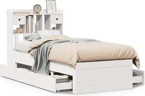 vidaXL Pat cu bibliotecă fără saltea, alb, 90x190 cm, lemn masiv pin