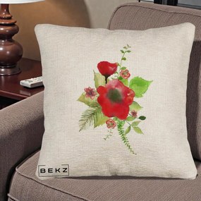 Perna Decorativa Buchet Rosu Acuarela, 40x40 cm, Bej Canapea, Husa Detasabila, Perna Inclusa, BEKZ®