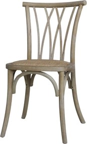 Scaun dining din lemn de hevea, ratan și răchită, bej, cu spătar din baghete curbate încrucișate, finisaj décapé, 89,5 x 50,5 x 53 cm, „Lisette”