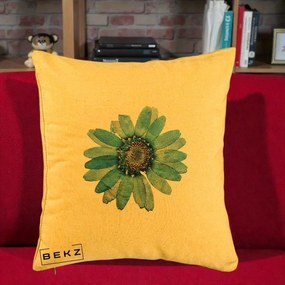 Perna Decorativa Floare Margareta Albastra Acuarela, 40x40 cm, Galben, Husa Detasabila, Perna Inclusa, BEKZ®