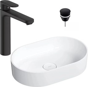 Pachet lavoar pe blat Omnires Ovo M+ alb 55 cm, baterie lavoar Hansgrohe Vernis Blend negru si ventil lavoar Click-Clack D negru