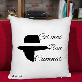 Cadou pentru Cumnat - Perna Personalizata Cel mai Bun Cumnat cu Silueta Palarie, 40x40 cm, Alb Pufos, Husa Detasabila, Perna Inclusa, BEKZ®
