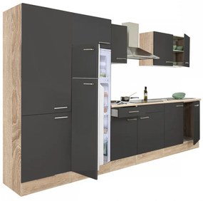 Mobilă de bucătărie Yorki 330 cu corp din stejar sonoma, față antracit satinat, dulap cu rafturi și frigider cu congelator superior