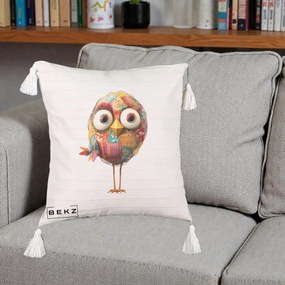 Perna Decorativa Pasare Patchwork cu Gene Lungi, 40x40 cm, Bej cu Franjuri, Husa Detasabila, Perna Inclusa, BEKZ®