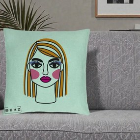 Perna Decorativa Portret Pop Art Fata, 40x40 cm, Verde Menta, Husa Detasabila, Perna Inclusa, BEKZ®